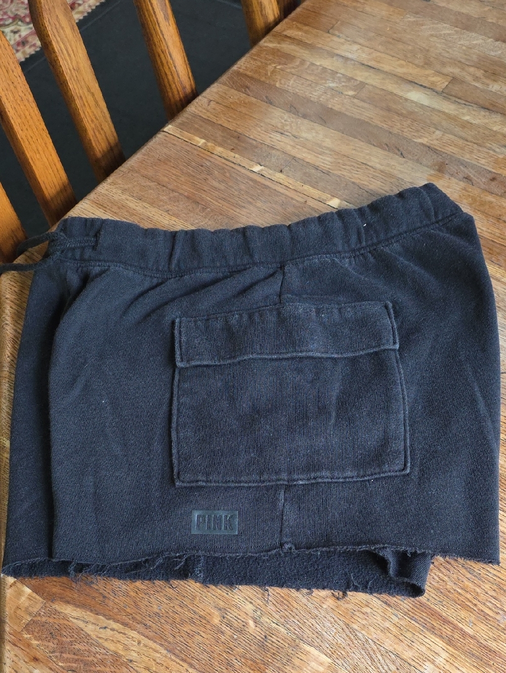 PINK Victoria Secret Black Fleece Mini Cargo Raw Hem 2 Front Pockets Shorts S/P